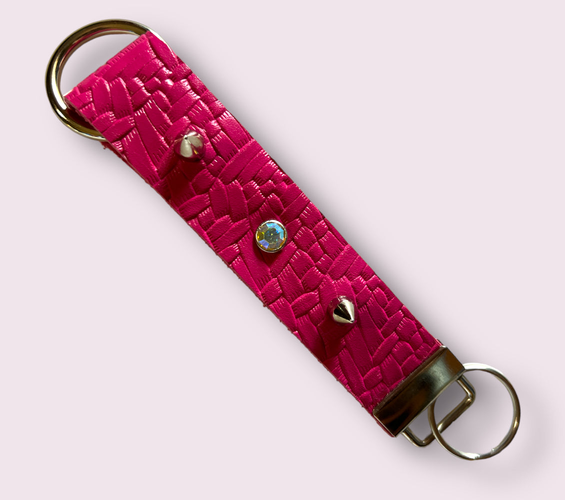 Handmade Leather Wristlet Keychain with Crystal or Metal Stud Embellishments